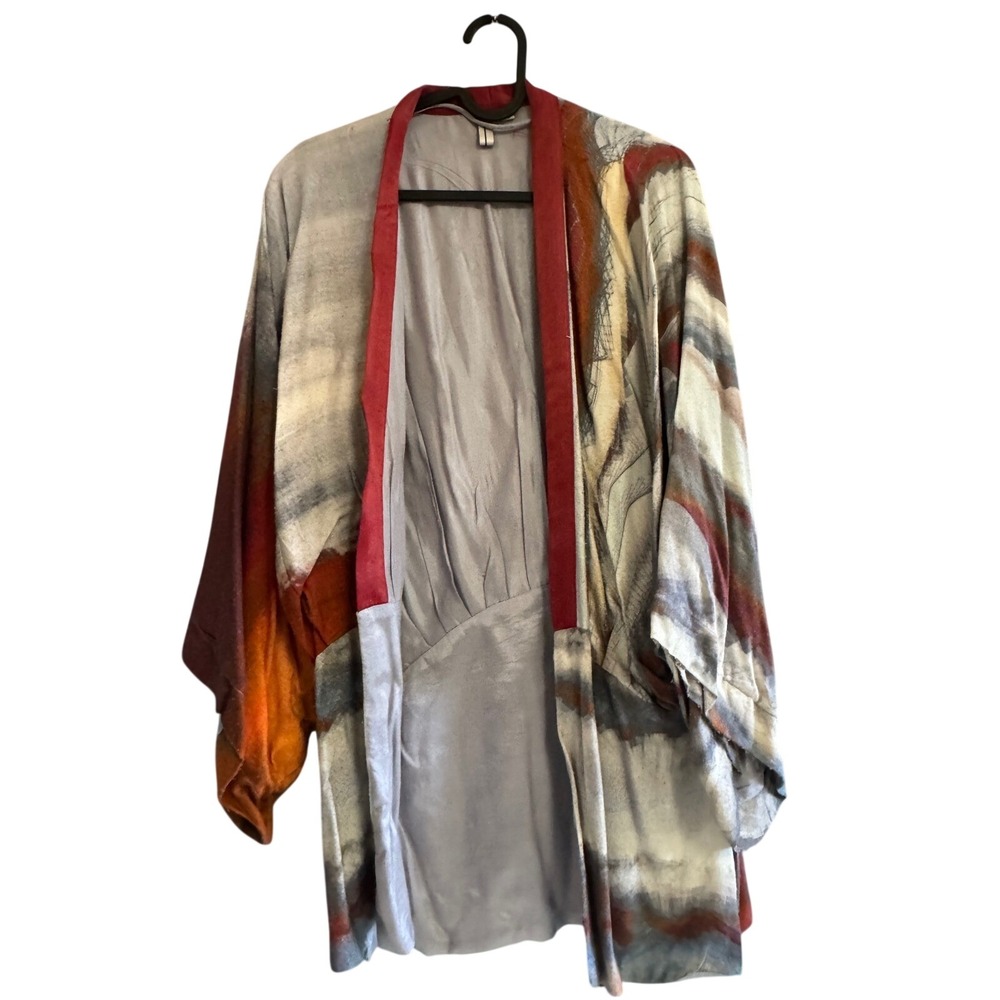 Anthropologie Abstract Watercolor Kimono Cardigan Orange Red Grey Viscose Medium